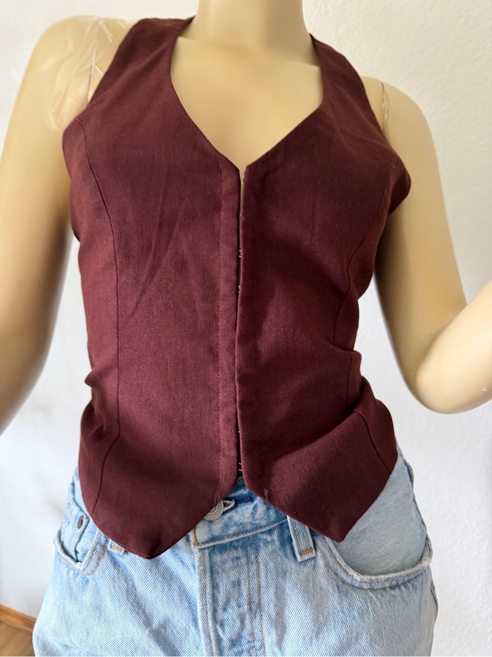 That’s So Fetch Brown Halter Vest Top Lace Up Back Linen Blend Size 4